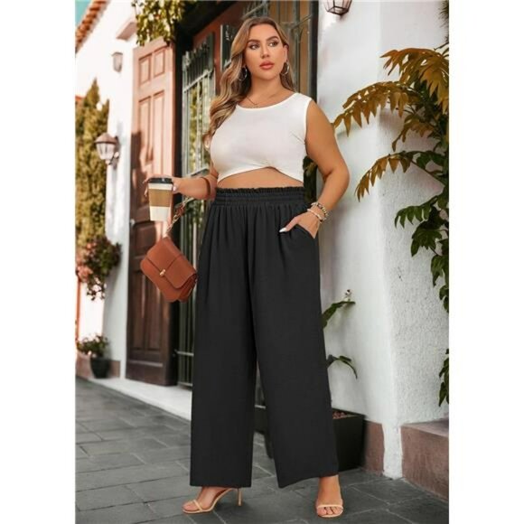 Plus Size Wide Leg Palazzo Pants Elastic Waist Loose Work Trousers Pockets - Picture 5 of 7